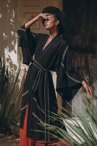 Black Organic Poncho, Tribal Cotton Robe, Hand Embroidered Overcoat - AYA Sacred Wear