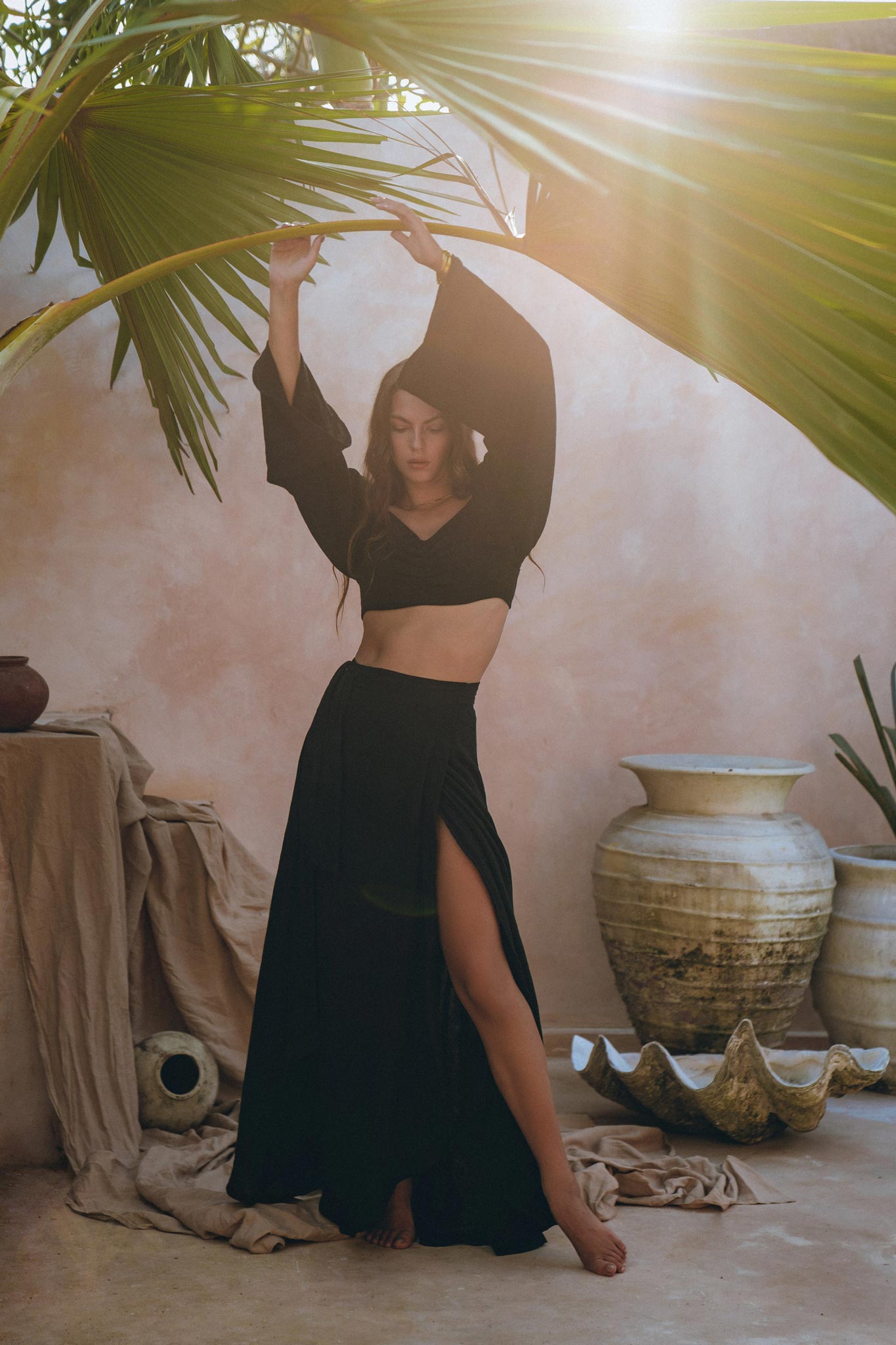 Black Summer Open Belly Top and Skirt, Black Tank Top and Maxi Skirt - AYA Sacred Wear
