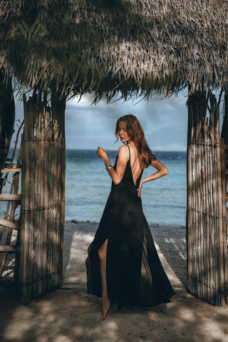 Black Boho Dress, Goddess Dress, Bohemian Tribal Dress, Long Maxi Slip Dress - AYA Sacred Wear