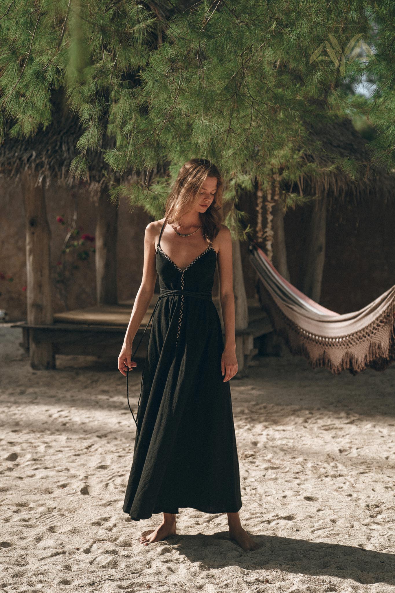 Black Cotton Slip Dress with Hand Embroidery - AYA Sacred Wear