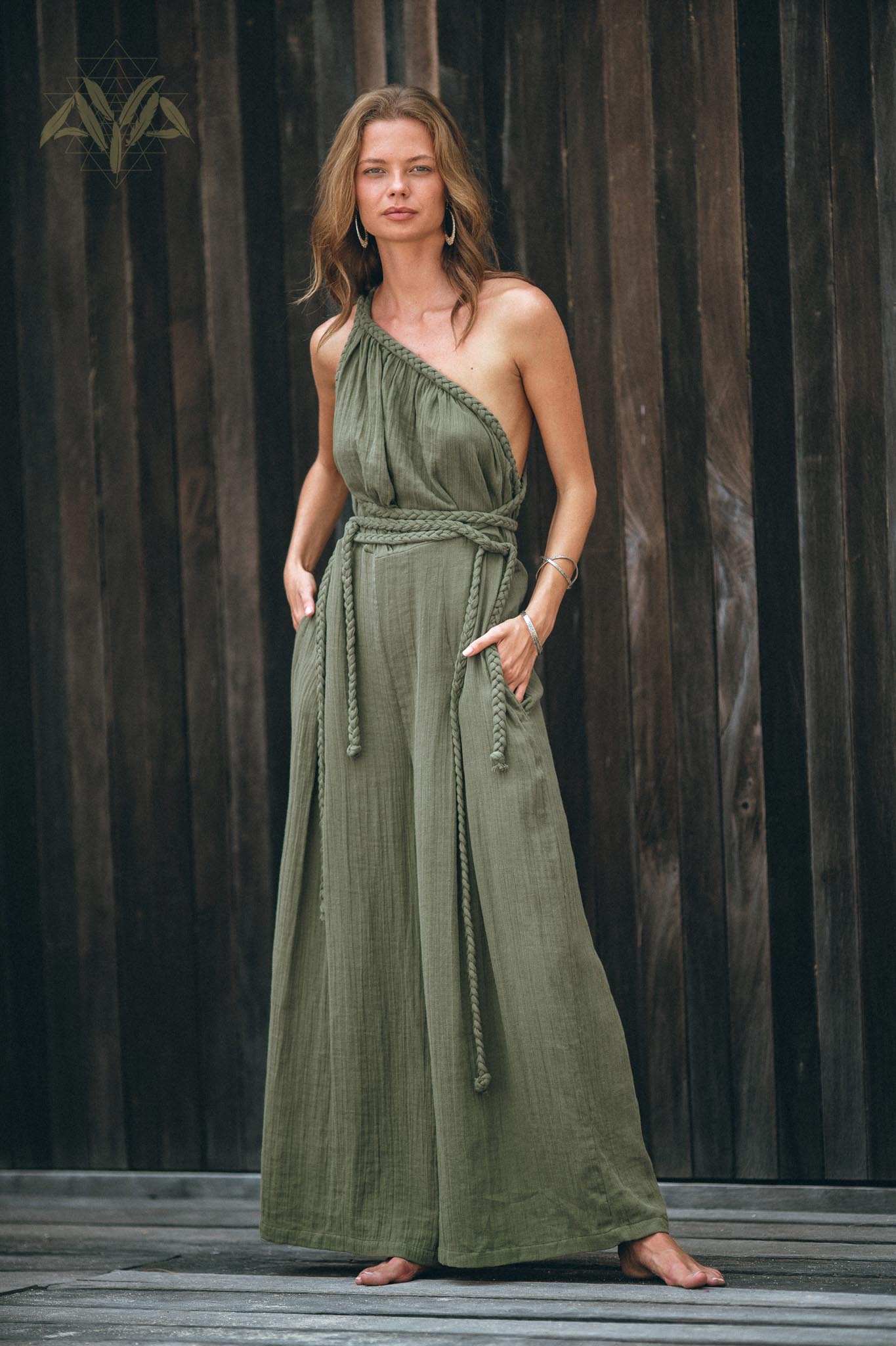 Green Braided Belted Jumpsuit, Overalls for Women, Apron Dress - AYA Sacred Wear