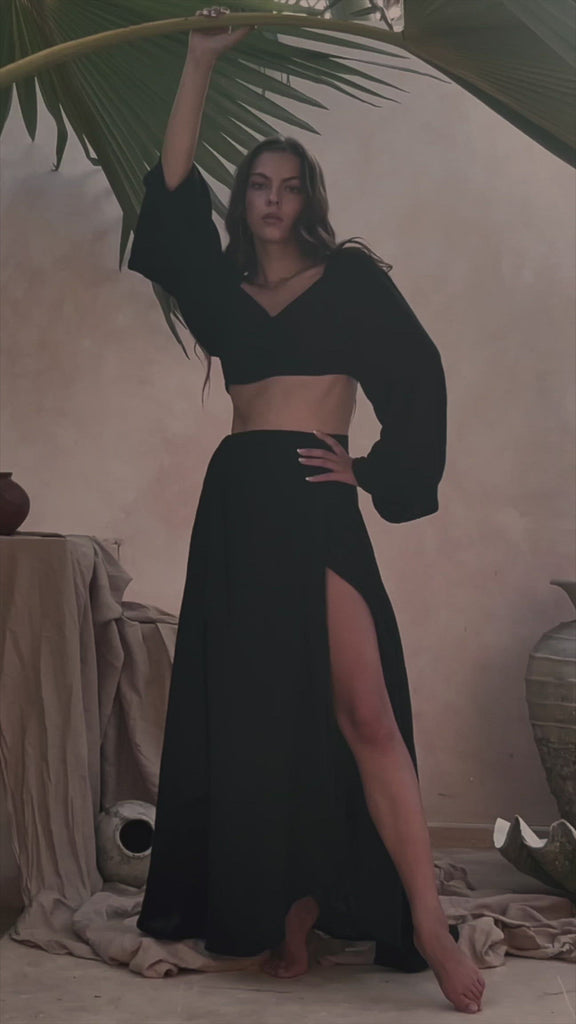 Black Summer Open Belly Top and Skirt, Black Tank Top and Maxi Skirt - AYA Sacred Wear