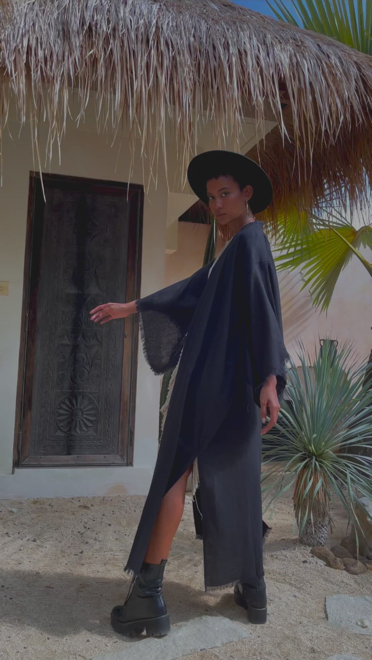 Boho Cover Up, Wide Sleeve Bohemian Cardigan, Black Linen Kimono Robe - AYA Sacred Wear