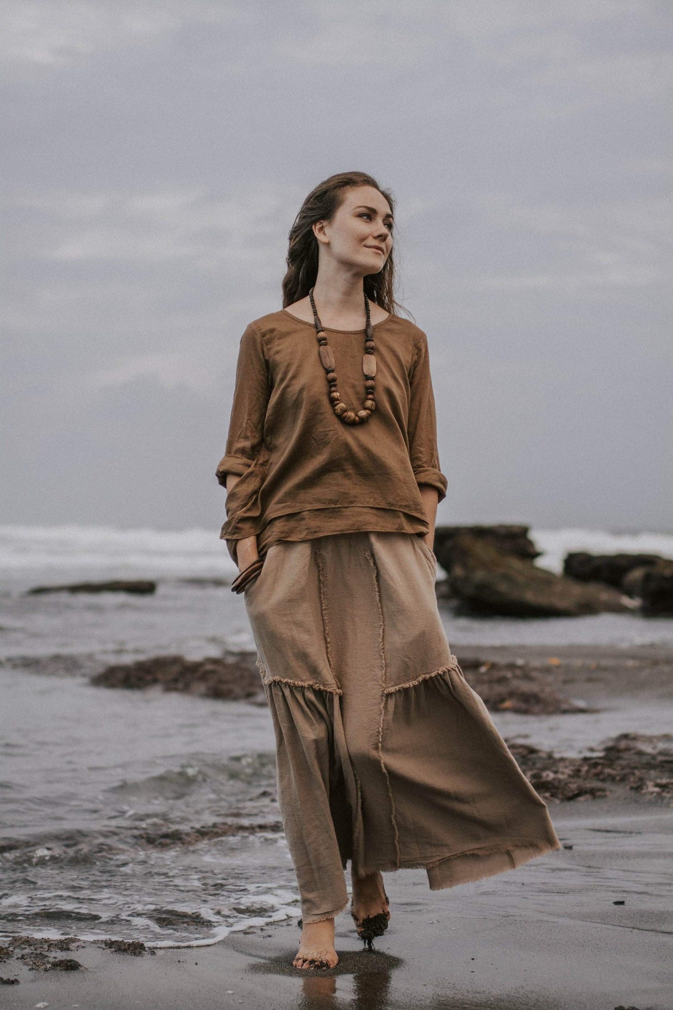 Dark Beige Organic Cotton Maxi Skirt, Boho Maxi Skirt - AYA Sacred Wear