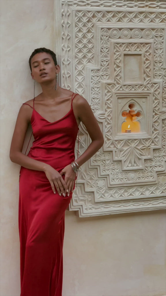 Wine Red Silk Slip Dress, Open Back Silk Dress, Evening Bohemian Dress - AYA Sacred Wear