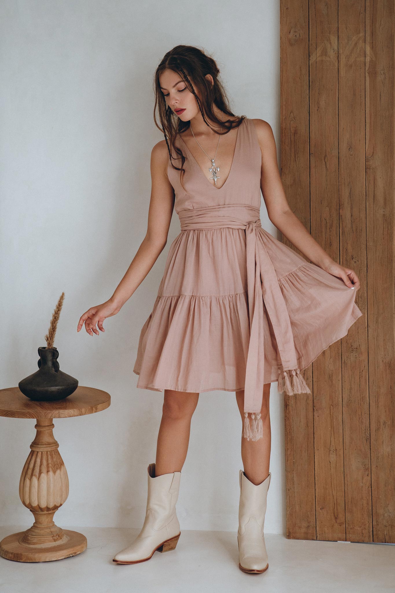 Boho Mini Bridesmaid Dress, Dusty Pink A Line Mini Belted Dress - AYA Sacred Wear