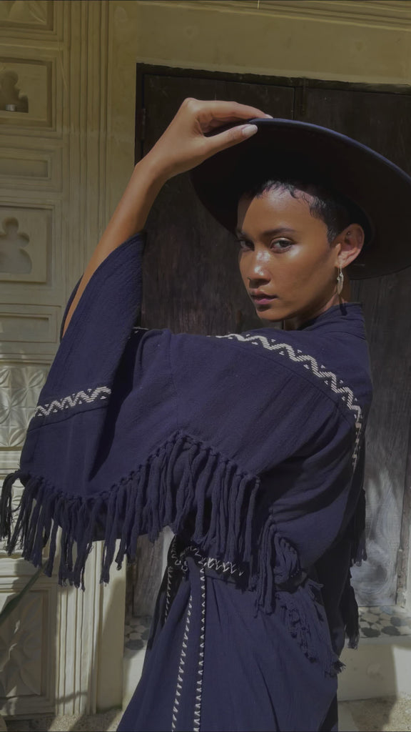 Black Organic Poncho, Tribal Cotton Robe, Hand Embroidered Overcoat - AYA Sacred Wear