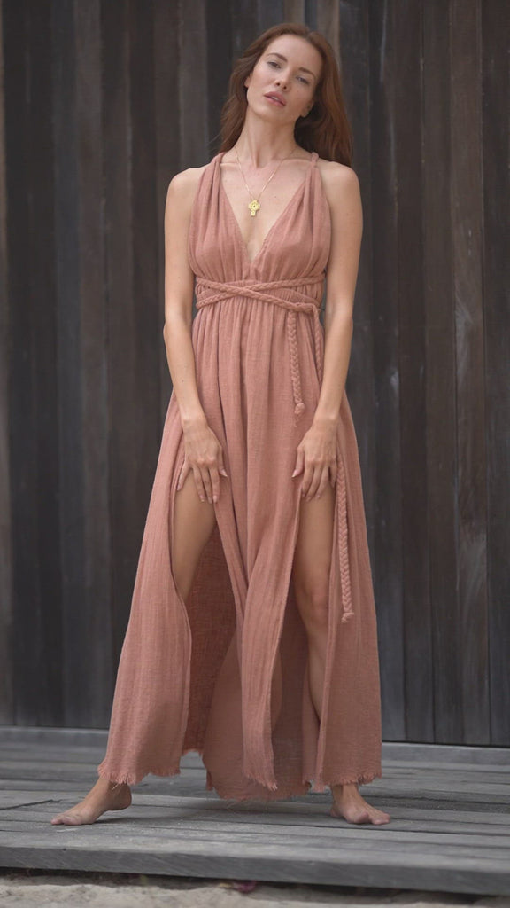 Greek Goddess Dress, Rose Gold Long Maxi Belted Dress - AYA Sacred Wear
