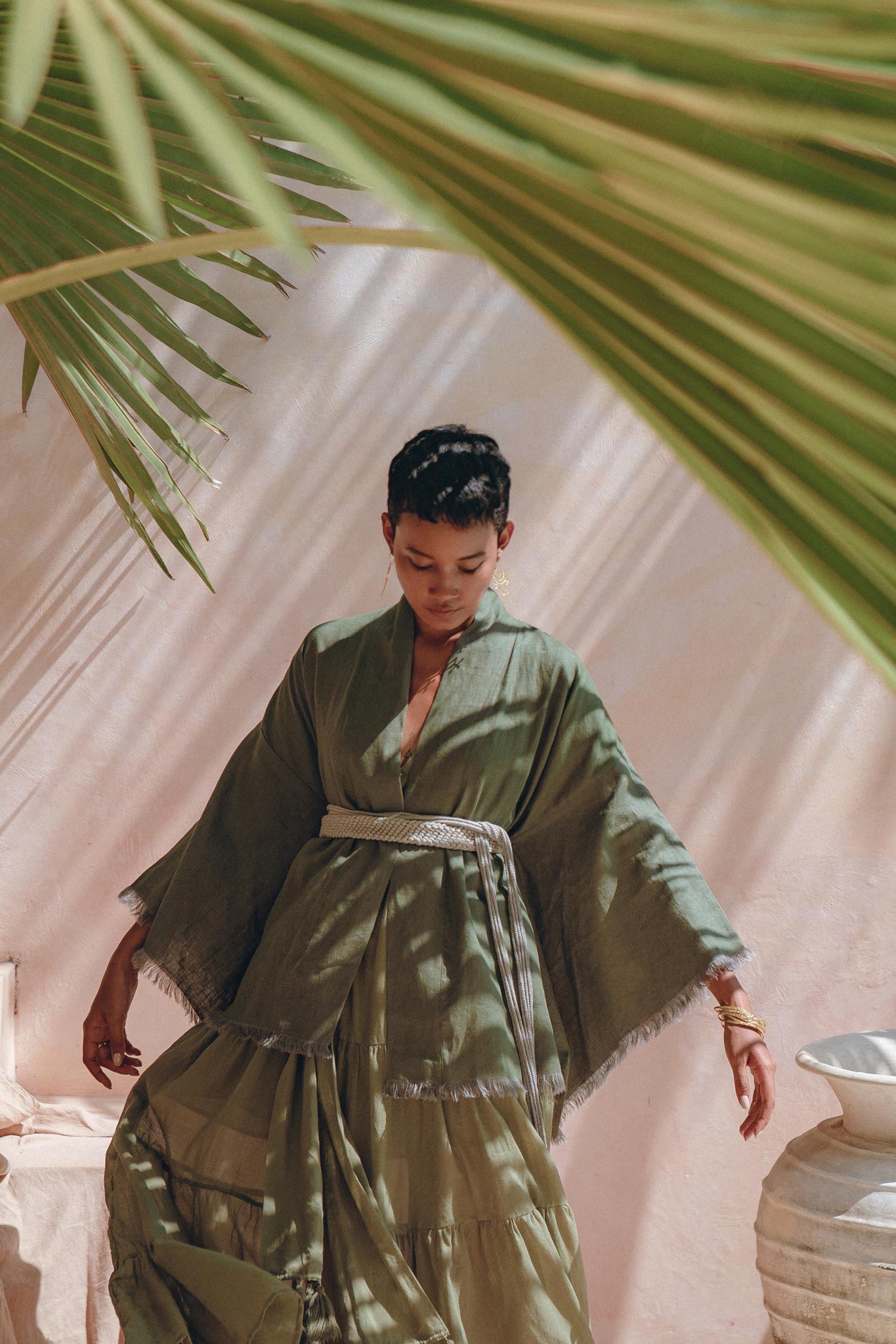 Short Linen Kimono Wrap with Belt, Bohemian Kimono Jacket For Women - AYA Sacred Wear