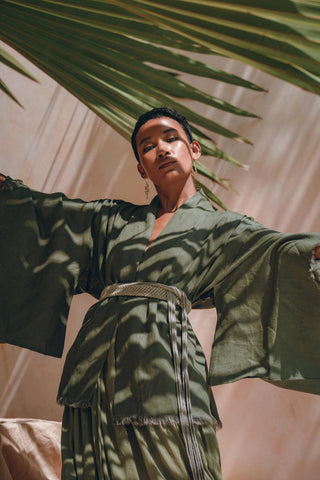Short Linen Kimono Wrap with Belt, Bohemian Kimono Jacket For Women - AYA Sacred Wear