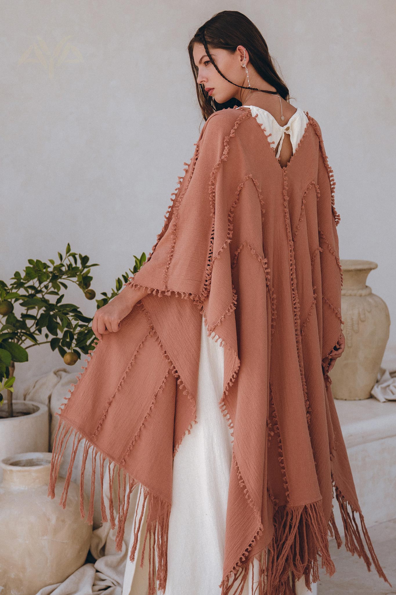 Dusty Pink Poncho Robe, Bridal Cover Up Women, Bohemian Kimono Overcoat - AYA Sacred Wear