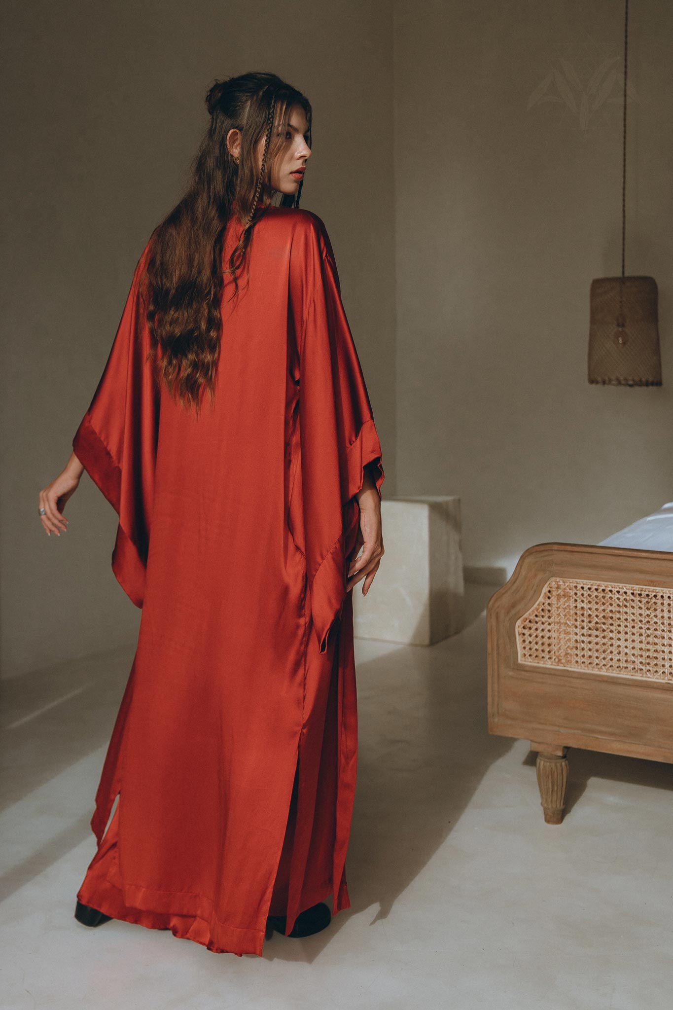 Wine Red Silk Boho Kimono Cover, Wide Sleeve Bohemian Kaftan Cardigan - AYA Sacred Wear