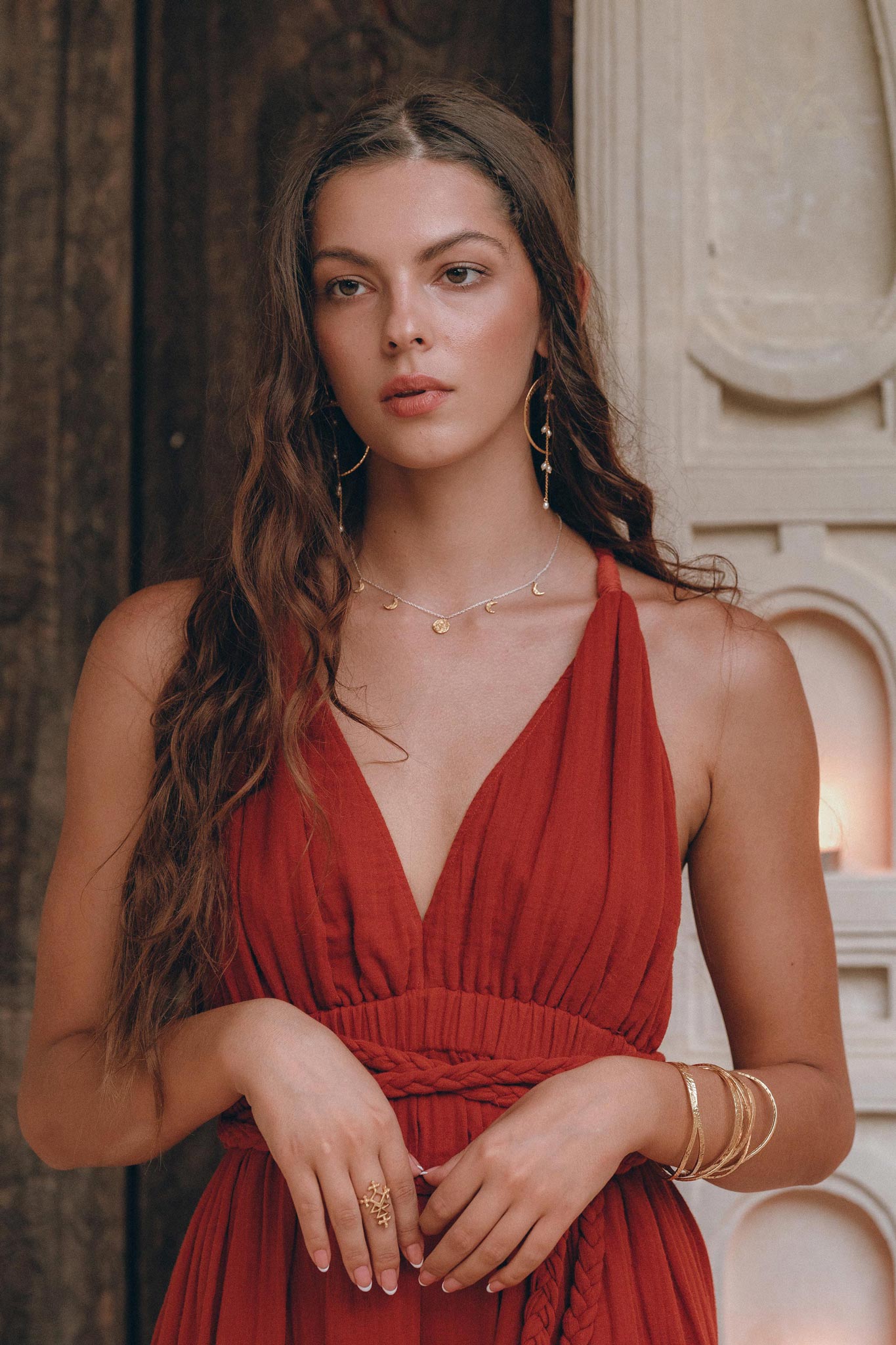 Greek Goddess Dress, Boho Braided Belted Dress, Wine Red Grecian Dress - AYA Sacred Wear
