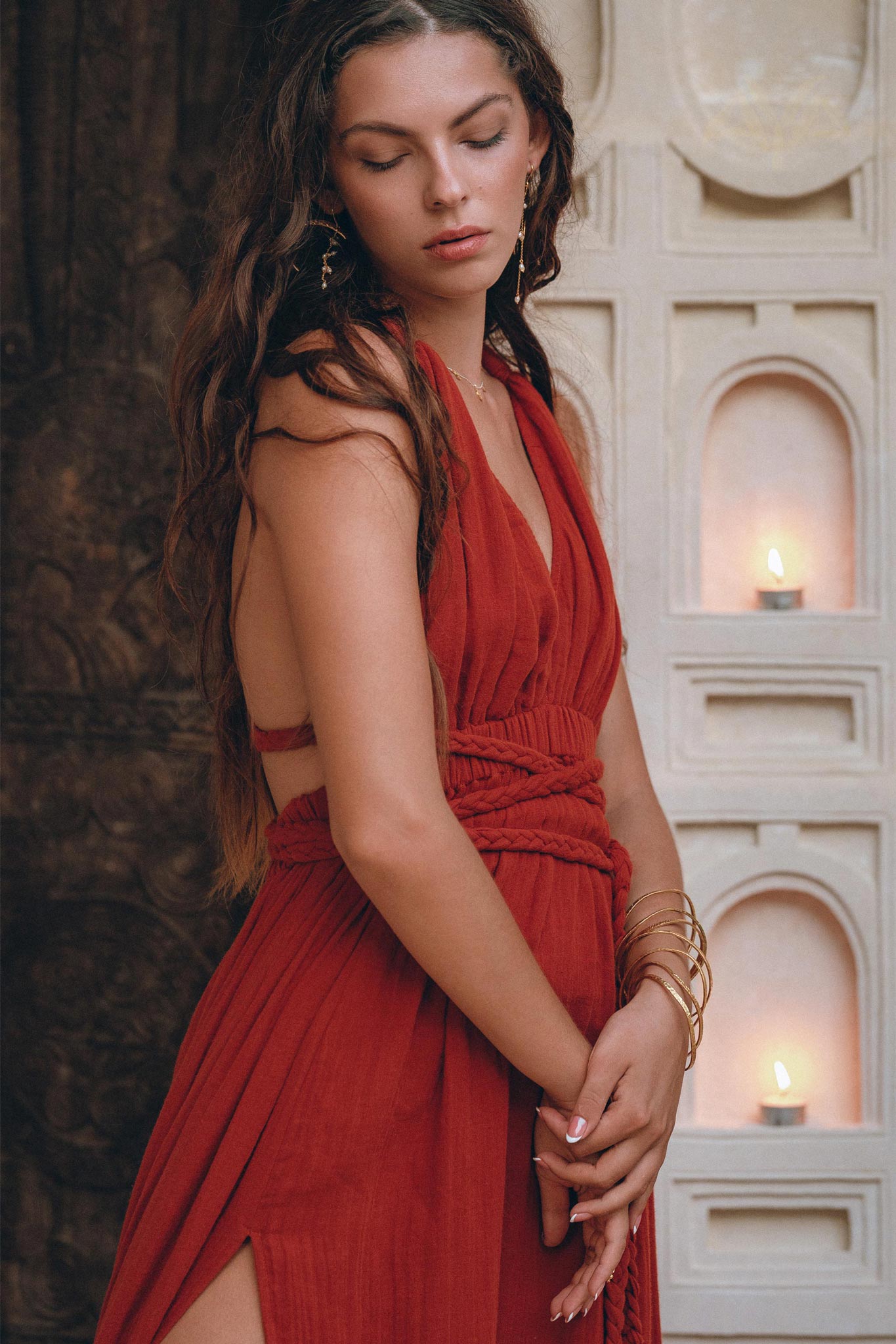 Greek Goddess Dress, Boho Braided Belted Dress, Wine Red Grecian Dress - AYA Sacred Wear