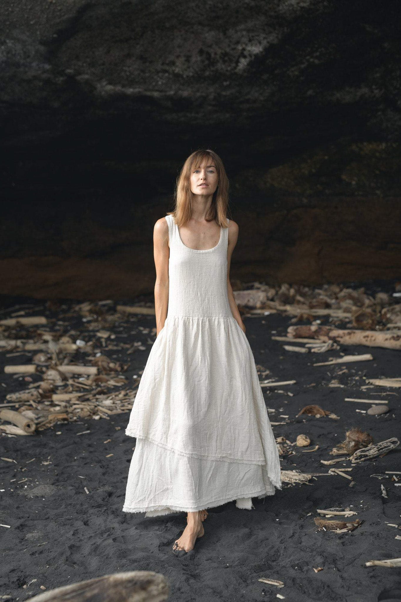 White Boho Dress for Women, Simple Wedding Dress With Pockets - AYA Sacred Wear