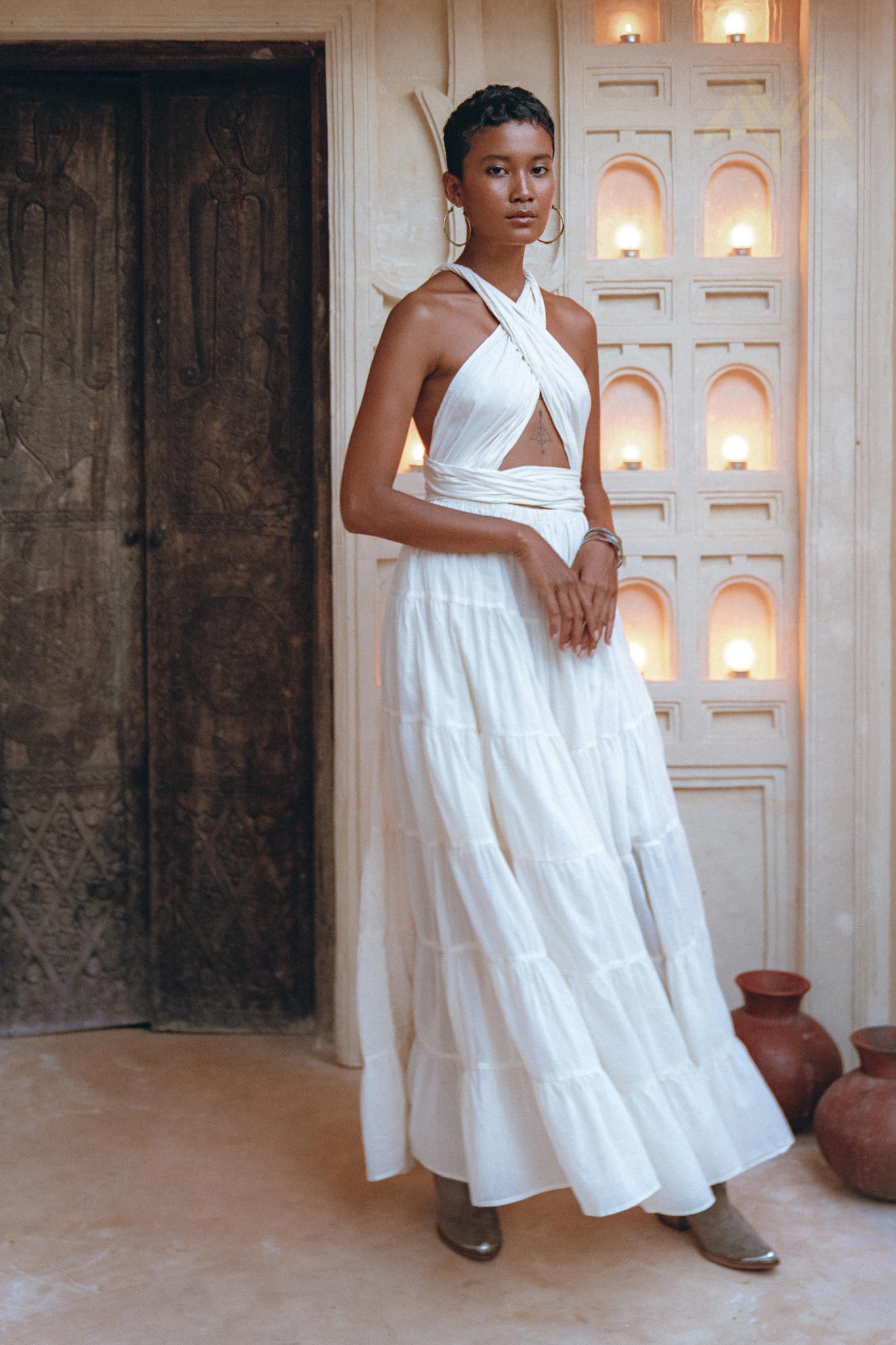 Off-White Bohemian Adjustable Dress, Evening Open Back Belly Dress - AYA Sacred Wear