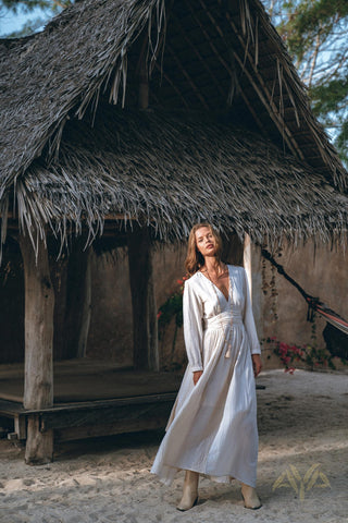 Organic Boho Long Sleeve Dress, Bridesmaid Dress, Casual Modest Wedding Dress - AYA Sacred Wear