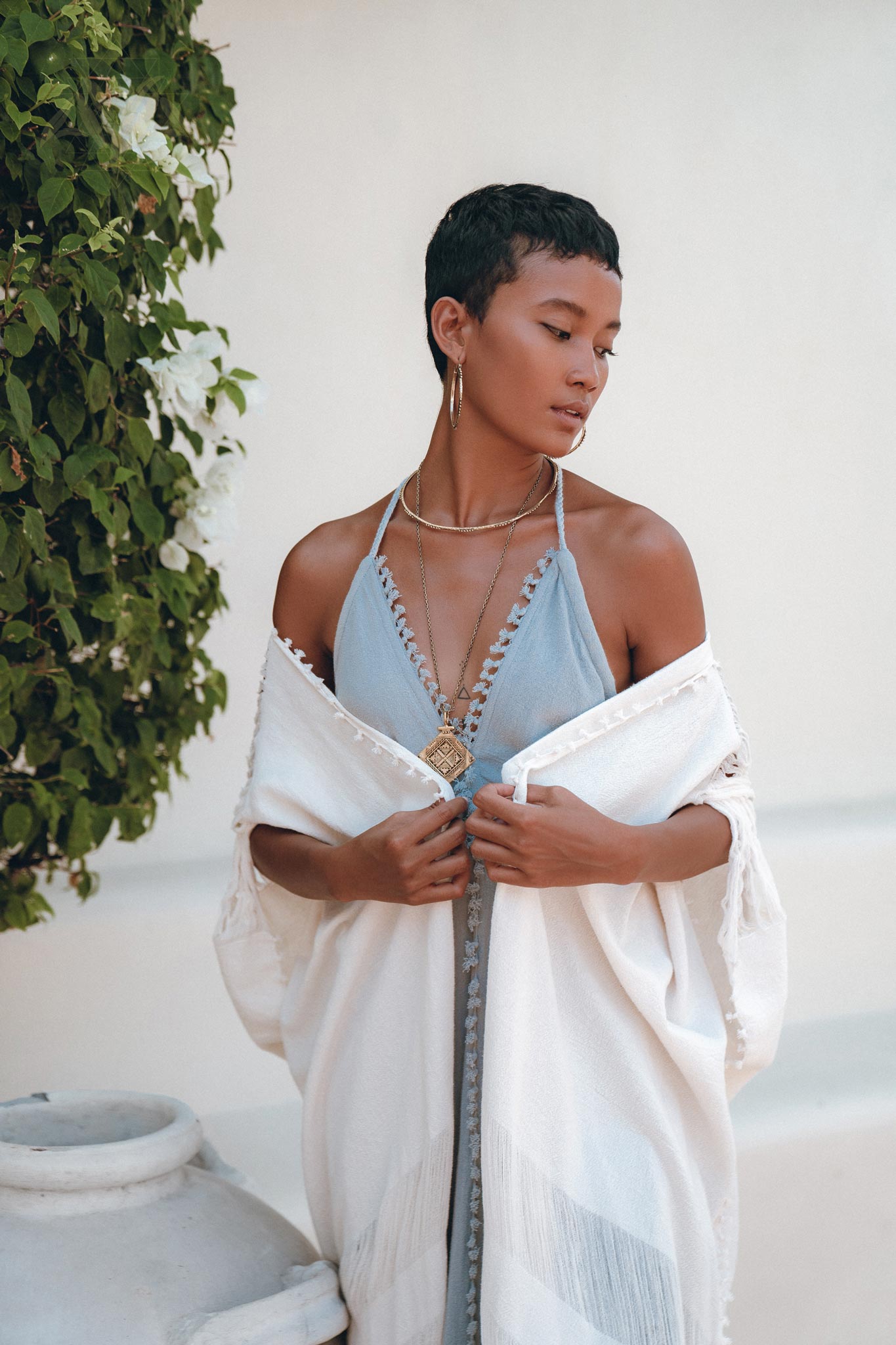 Off-White Cotton Poncho Cape, Organic Tribal Kimono Cover Up - AYA Sacred Wear