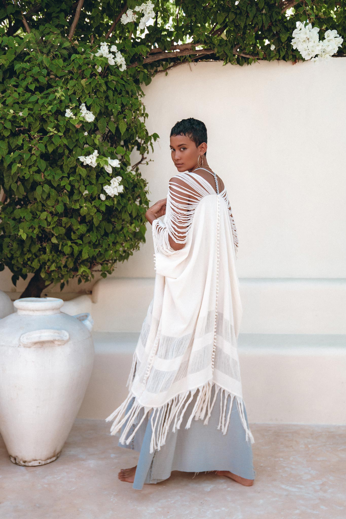 Off-White Cotton Poncho Cape, Organic Tribal Kimono Cover Up - AYA Sacred Wear