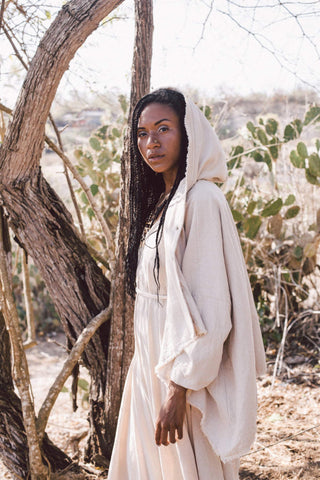 Off-White Cotton Warm Jacket with Hood Bohemian Style - AYA sacred wear