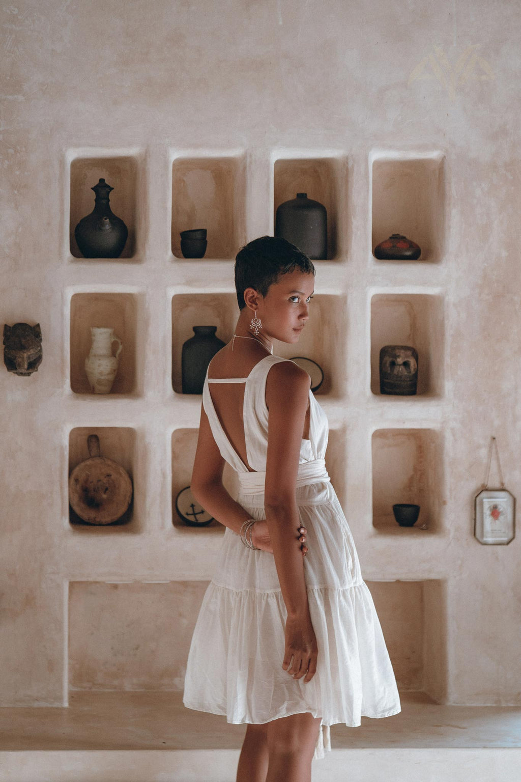 Boho Mini Bridesmaid Dress, A Line Dress, White Mini Adjustable Dress - AYA Sacred Wear