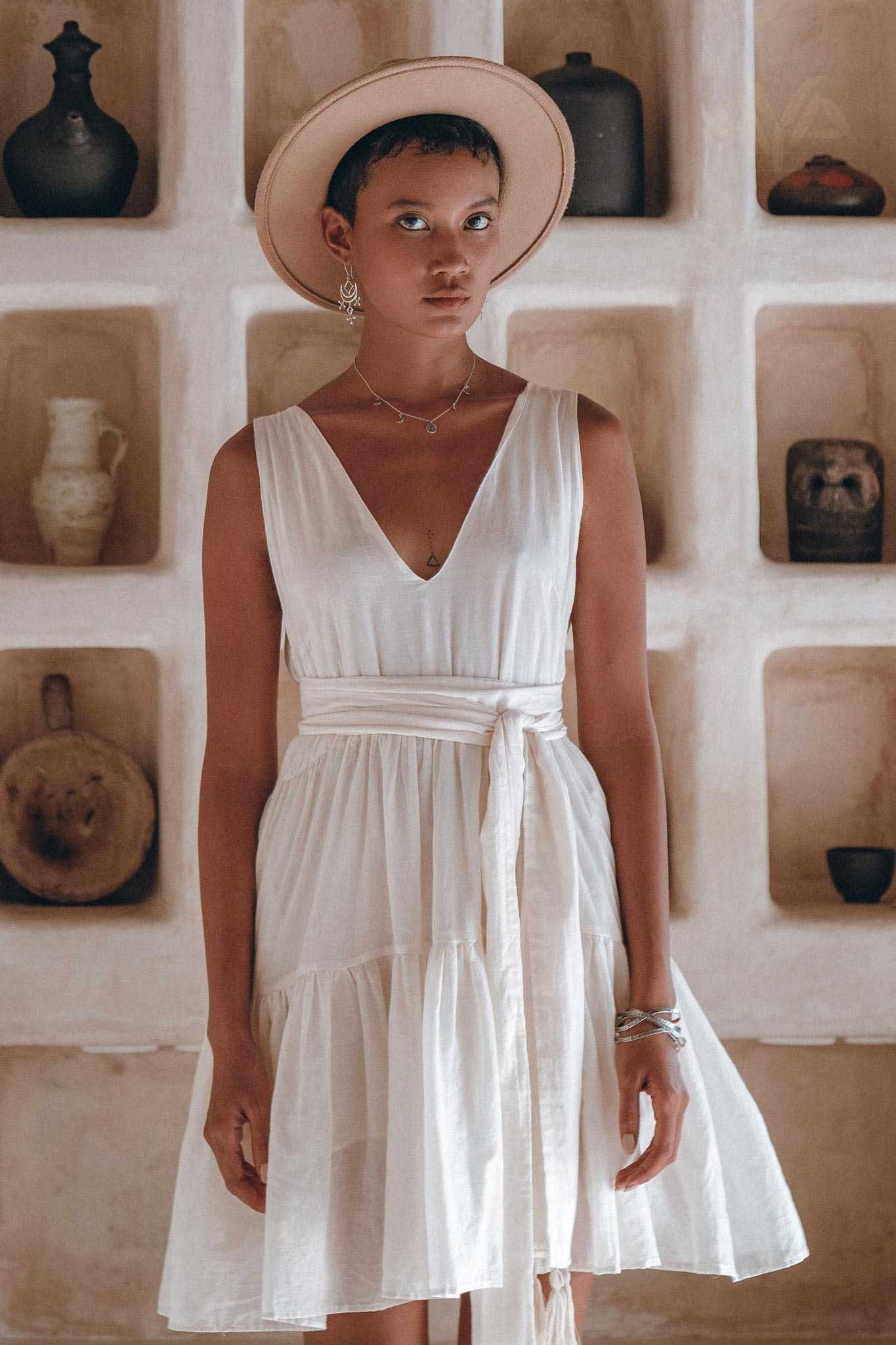 Boho Mini Bridesmaid Dress, A Line Dress, White Mini Adjustable Dress - AYA Sacred Wear