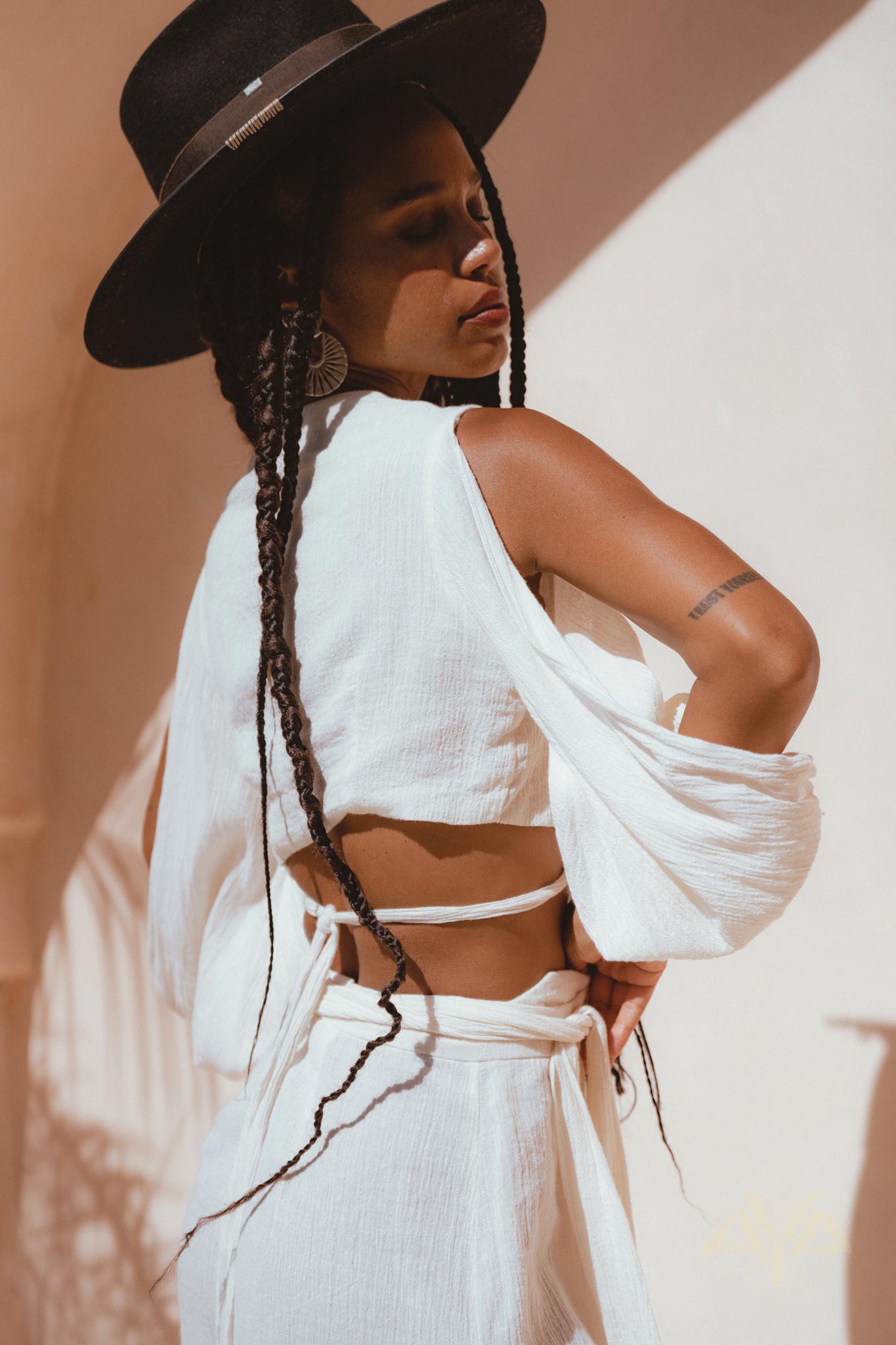 Get the look with Aya Sacred Wear's Off-White Boho Set Top & Pants. 