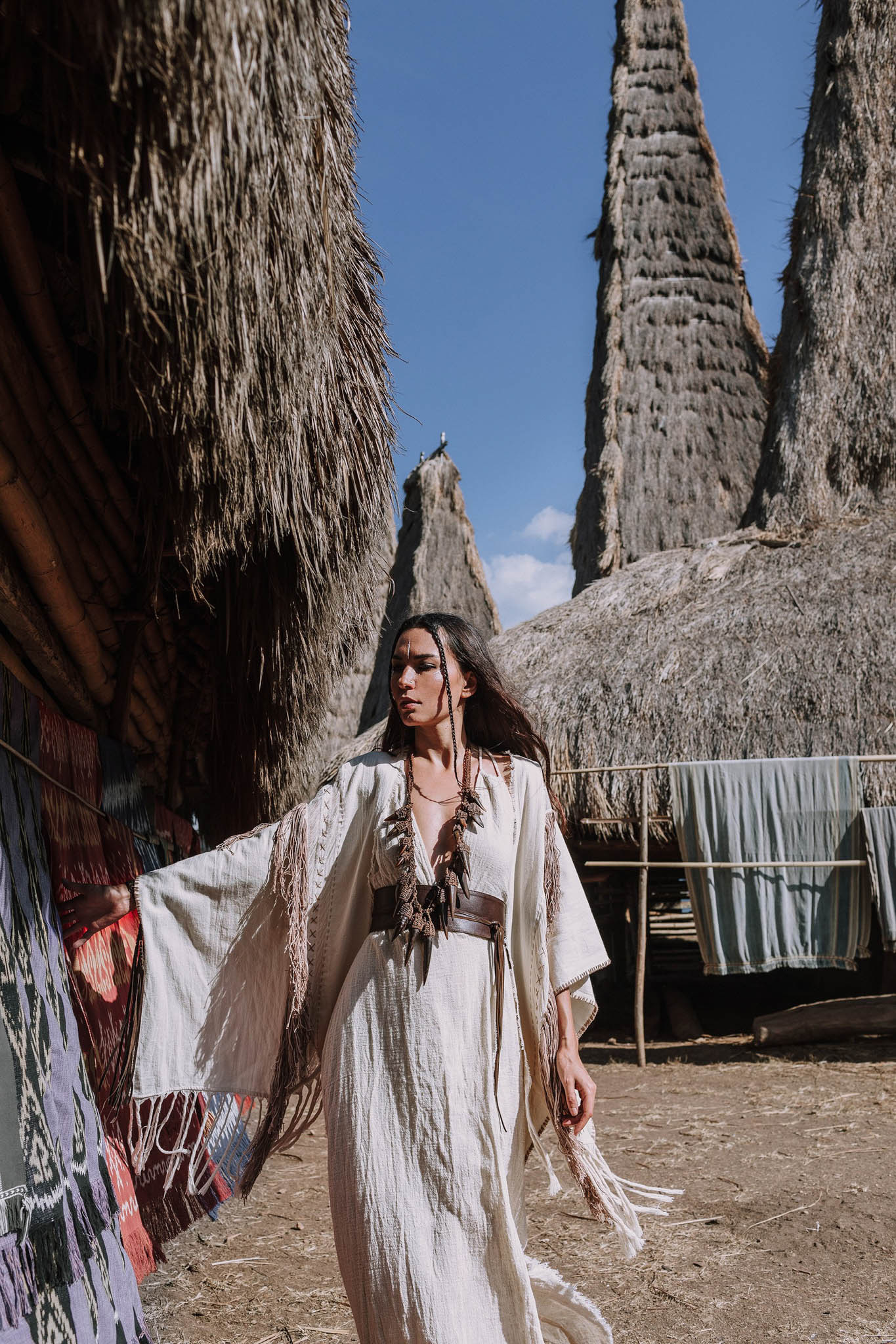 Unique Off-White Boho Poncho with Hand Loomed Tassels - AYA Sacred Wear
