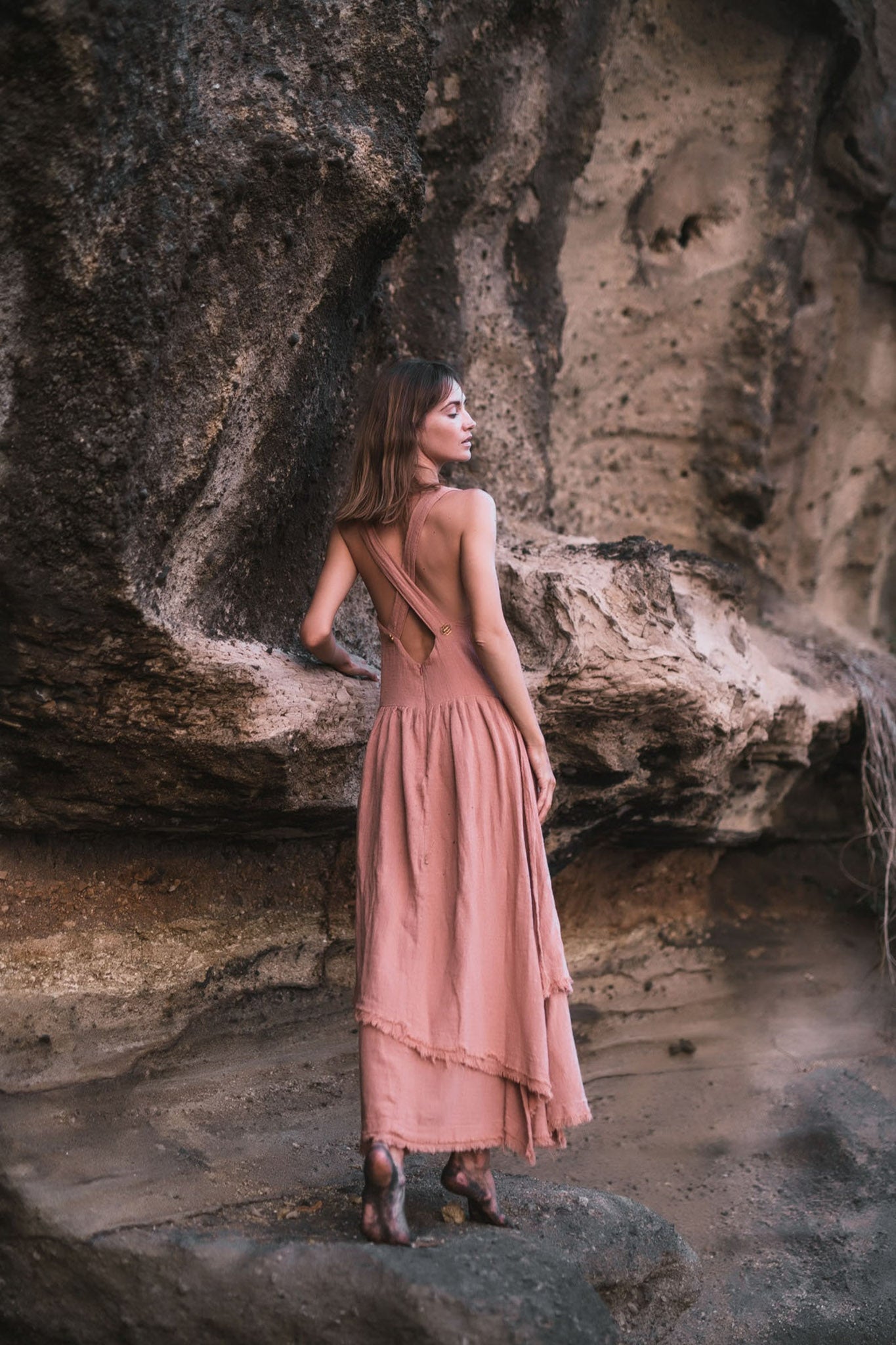 Dusty Pink Organic Cotton Dress with Brass Buttons - AYA Sacred Wear