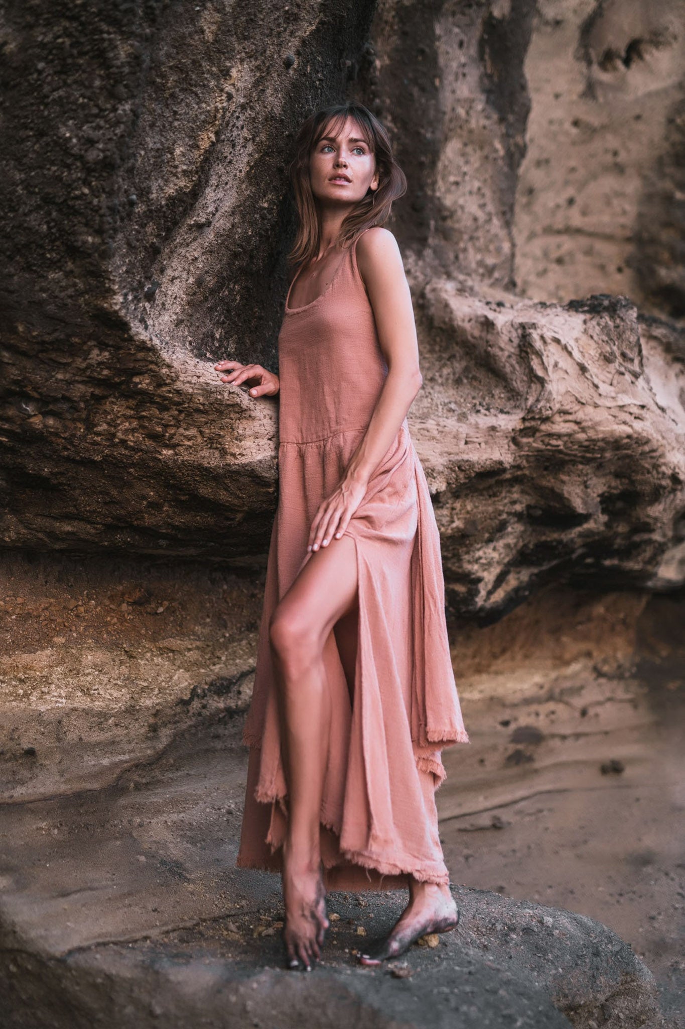 Dusty Pink Organic Cotton Dress with Brass Buttons - AYA Sacred Wear