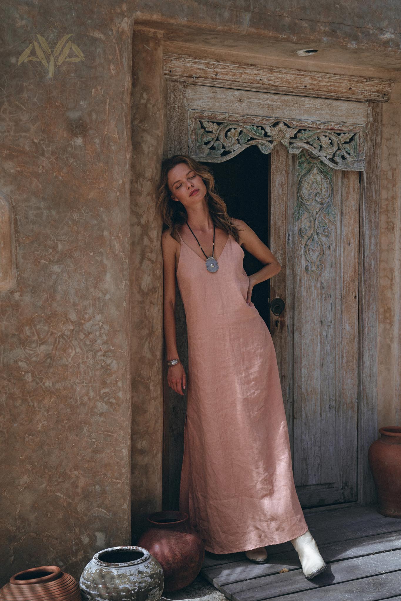 Linen Boho Bridesmaid Dress, Pink Linen Bohemian Slip Dress - AYA Sacred Wear