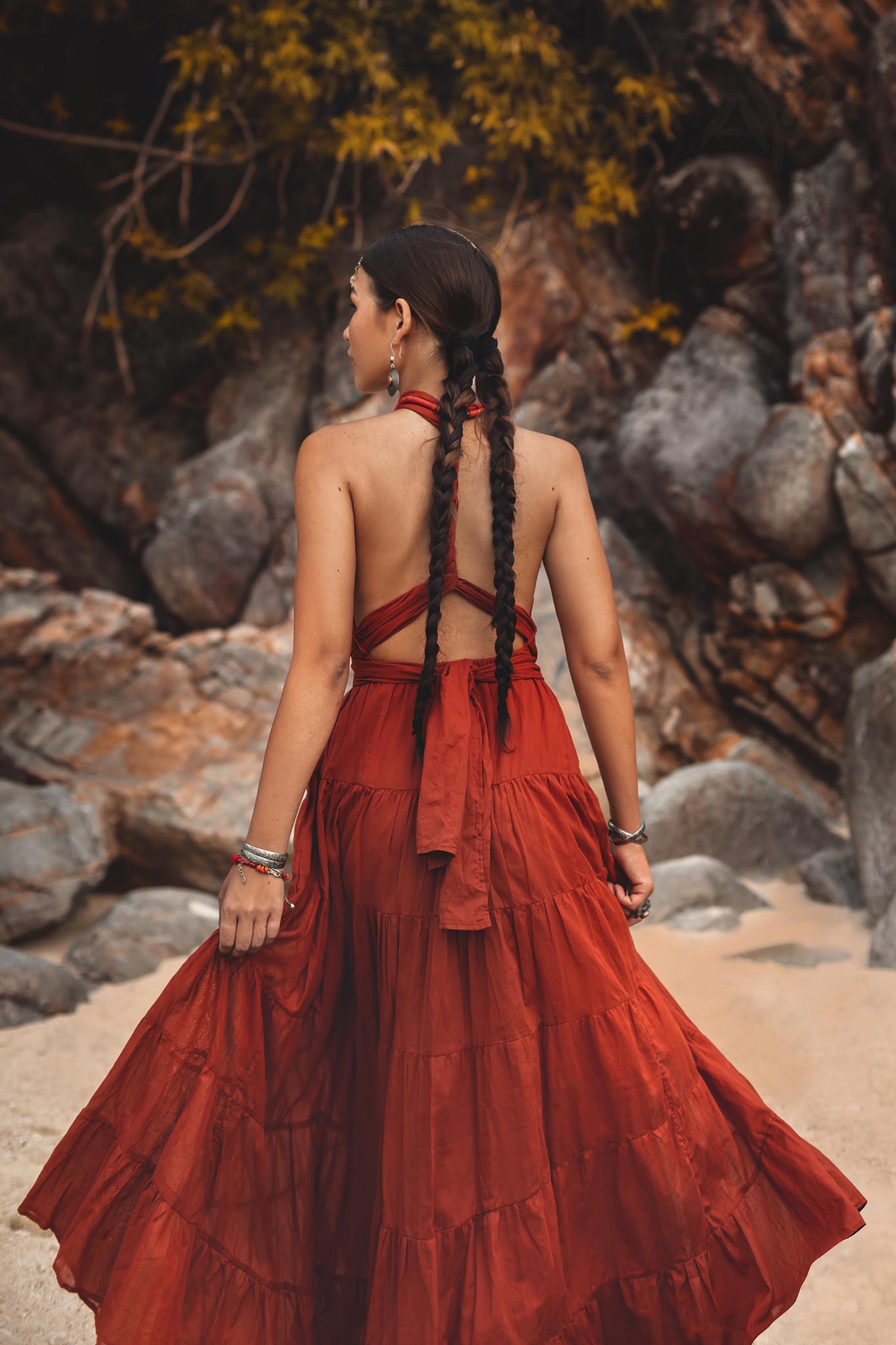 Make a statement in this one-of-a-kind red bohemian prom dress