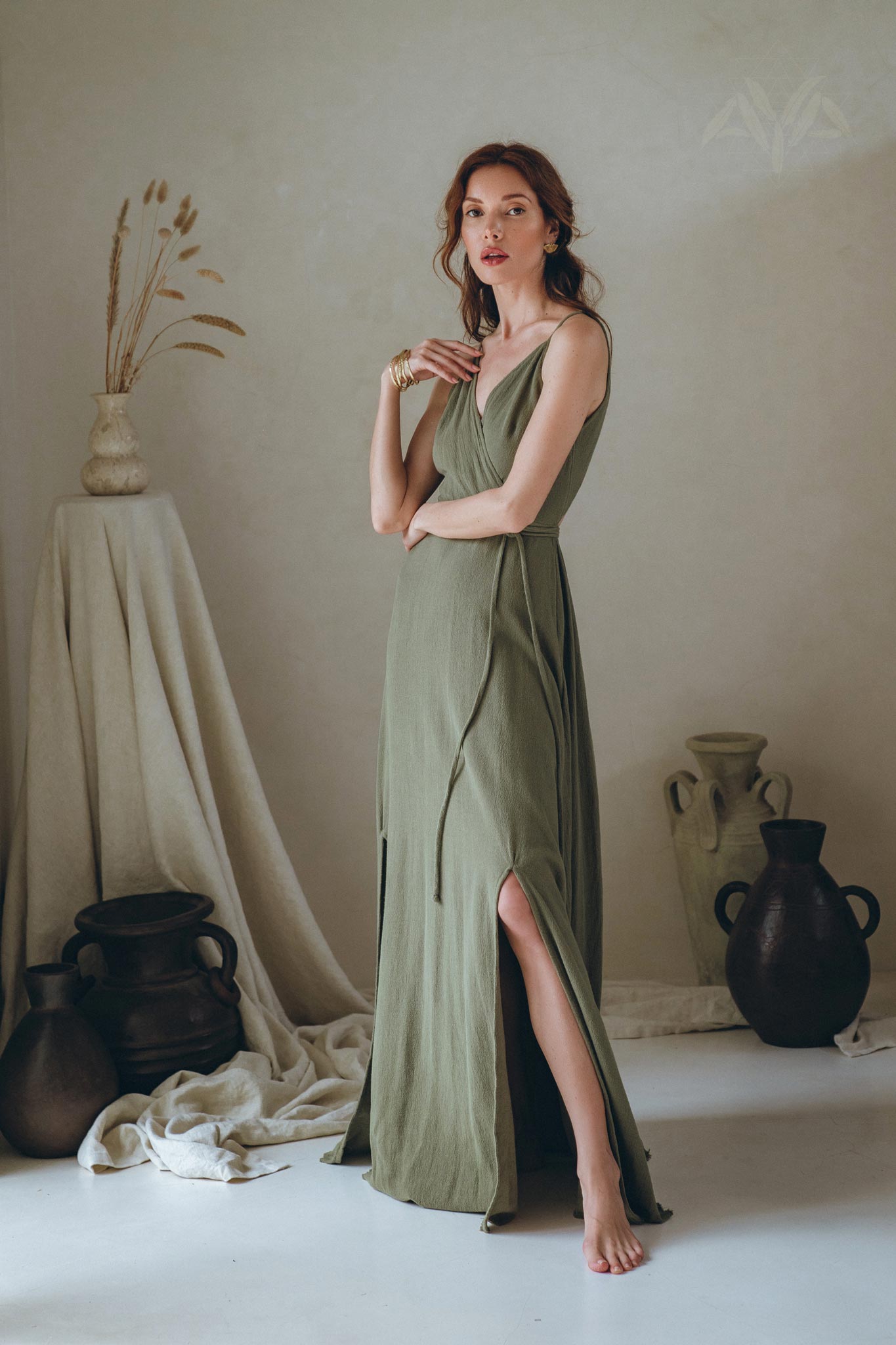 Boho Long Maxi Dress, Open Back Elegant Dress, Green Bridesmaid Dress - AYA Sacred Wear