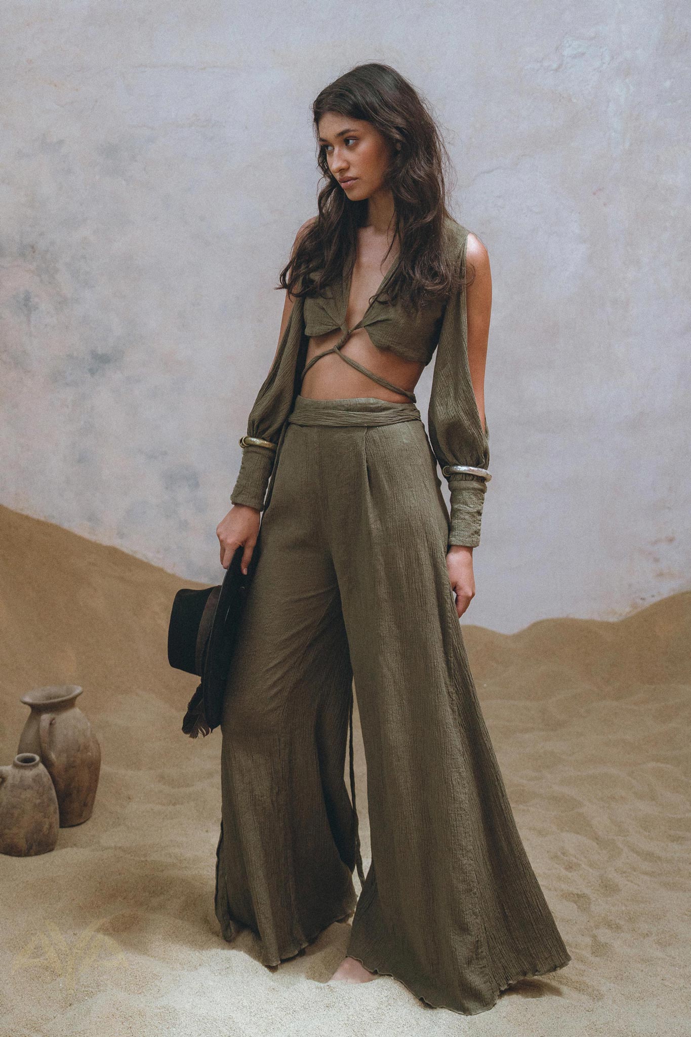 Get the perfect boho look with Aya Sacred Wear's Sage Green Crop Top and Pants.