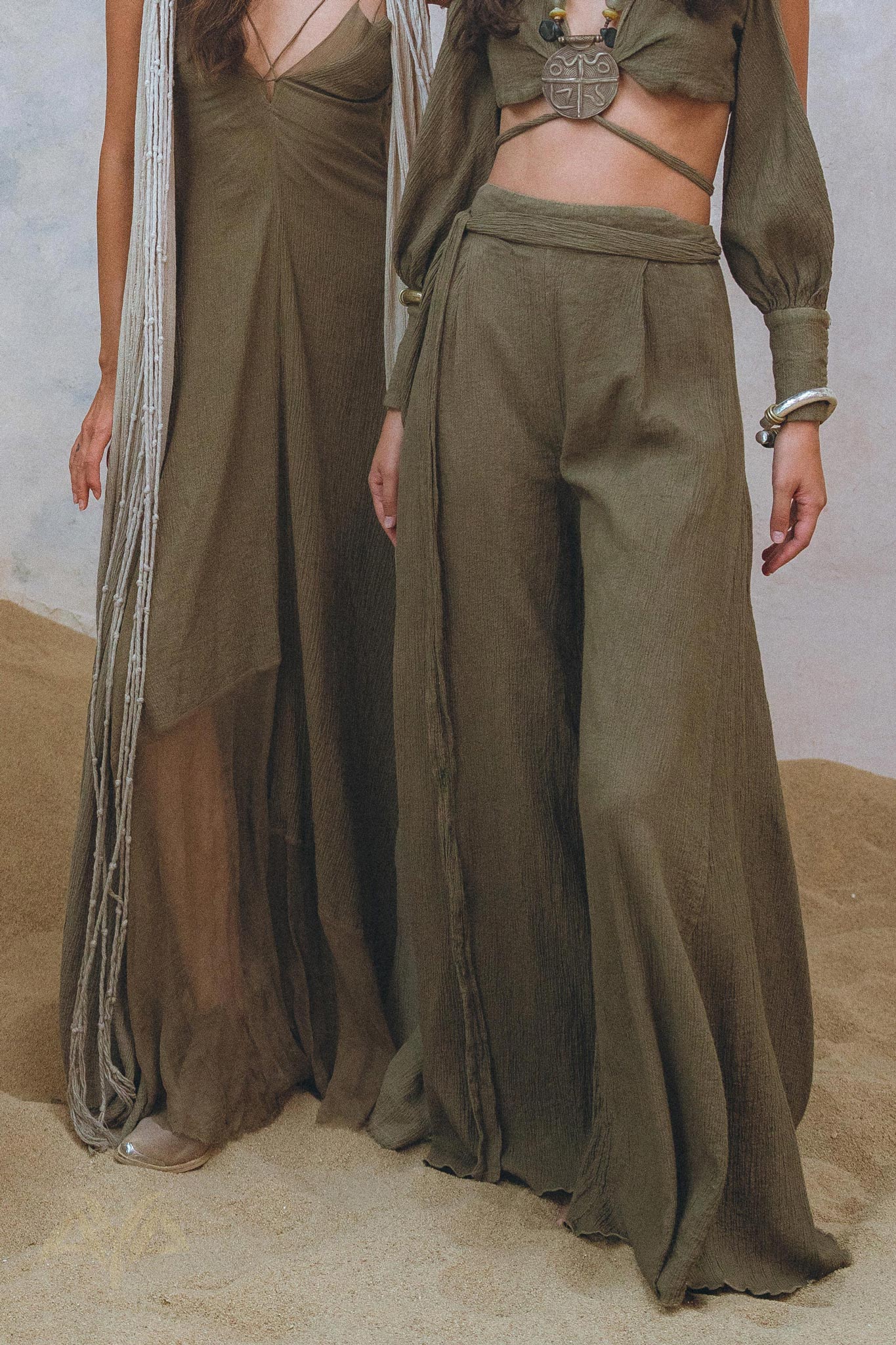 Find your perfect boho outfit with Aya Sacred Wear's Sage Green Crop Top and Pants.