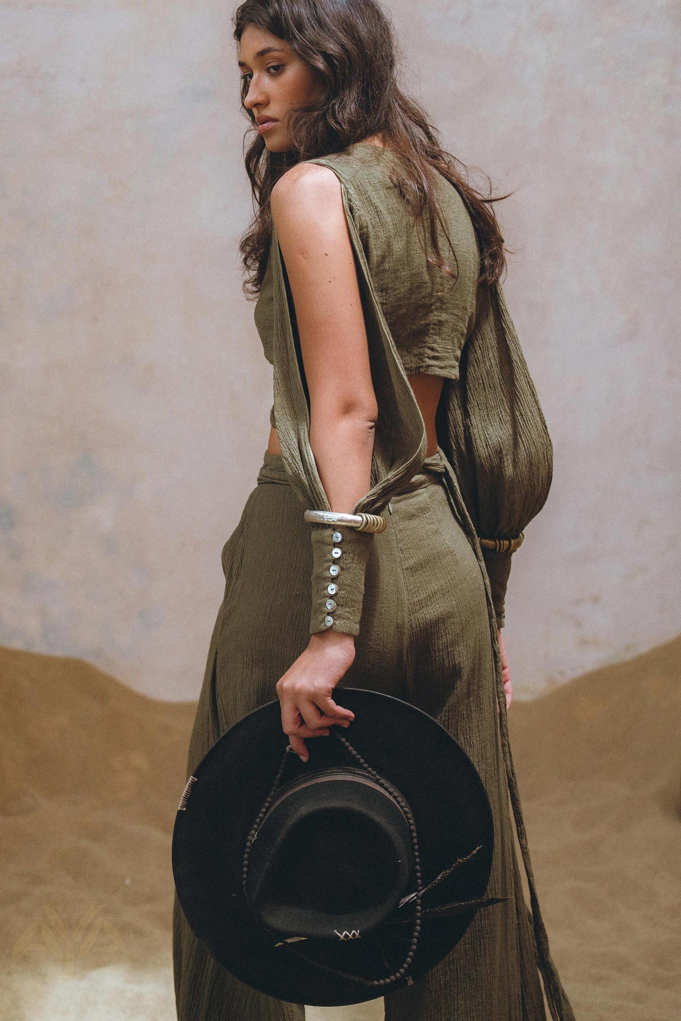 Find your unique style with Aya Sacred Wear's Sage Green Boho Crop Top and Pants.