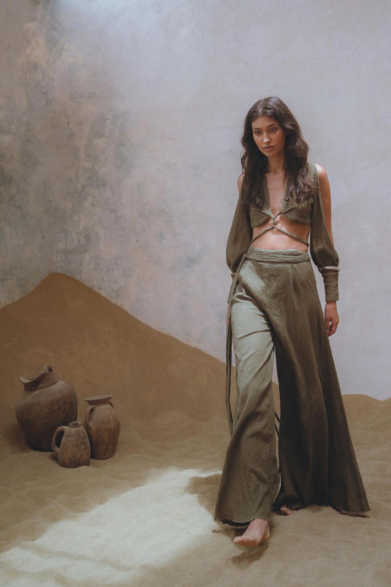 Get the perfect look with Aya Sacred Wear's Sage Green Boho Crop Top and Pants.