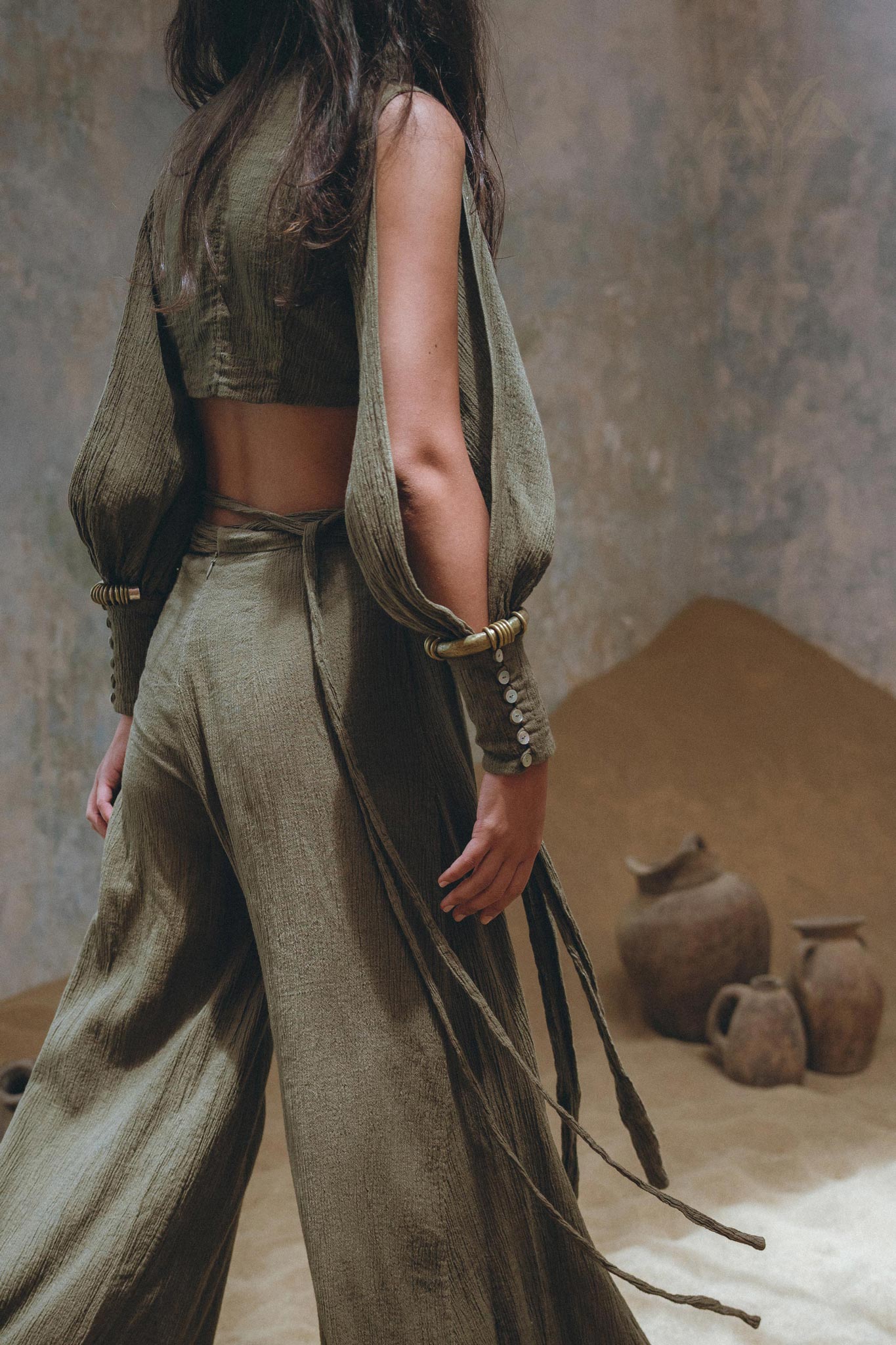 Aya Sacred Wear offers a stylish Sage Green Boho Crop Top and Pants set.