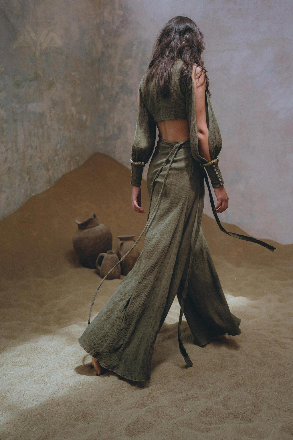 Shop Aya Sacred Wear's Sage Green Boho Crop Top and Pants for a unique look. 