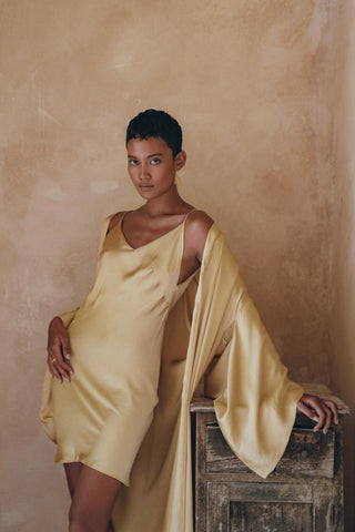 Peace Silk Boho Dress, Mini Cocktail Dress, Evening Gold Silk Dress - AYA Sacred Wear