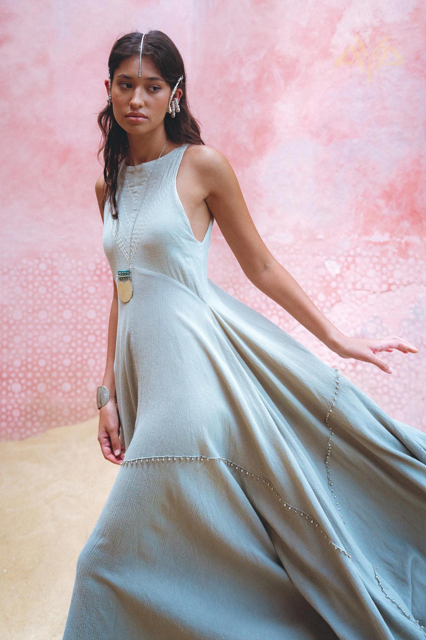 Make a fashion statement with Aya Sacred Wear's hand embroidered sky blue dress.