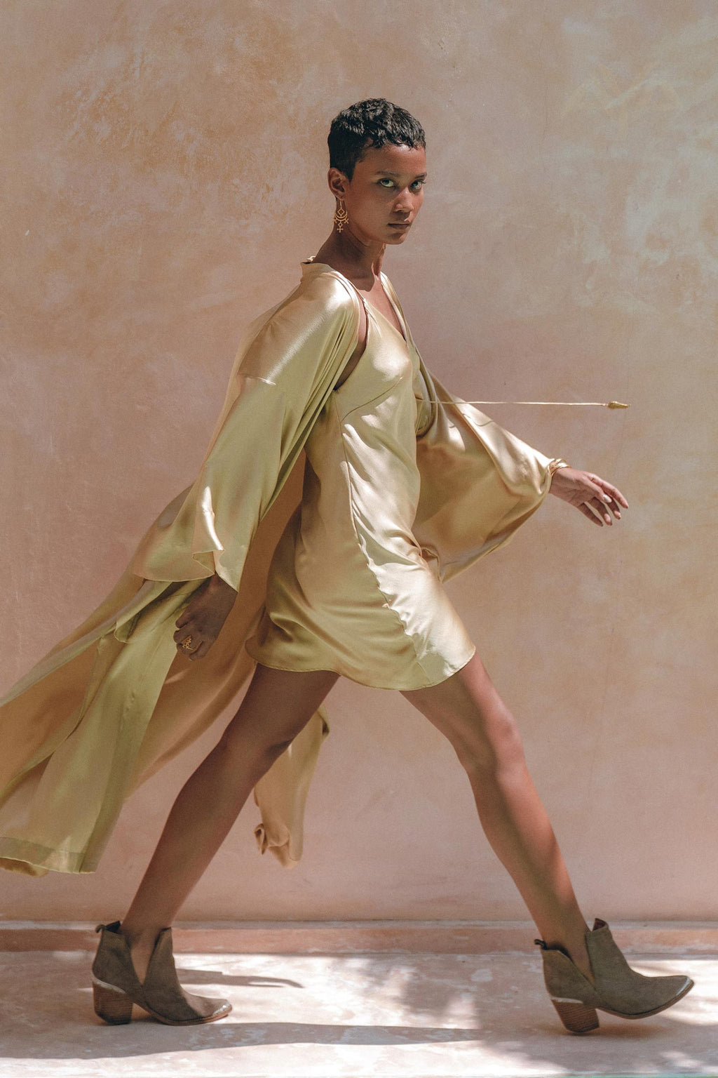 Boho Golden Silk Kimono Cover Up, Wide Sleeve Bohemian Cardigan - AYA Sacred Wear